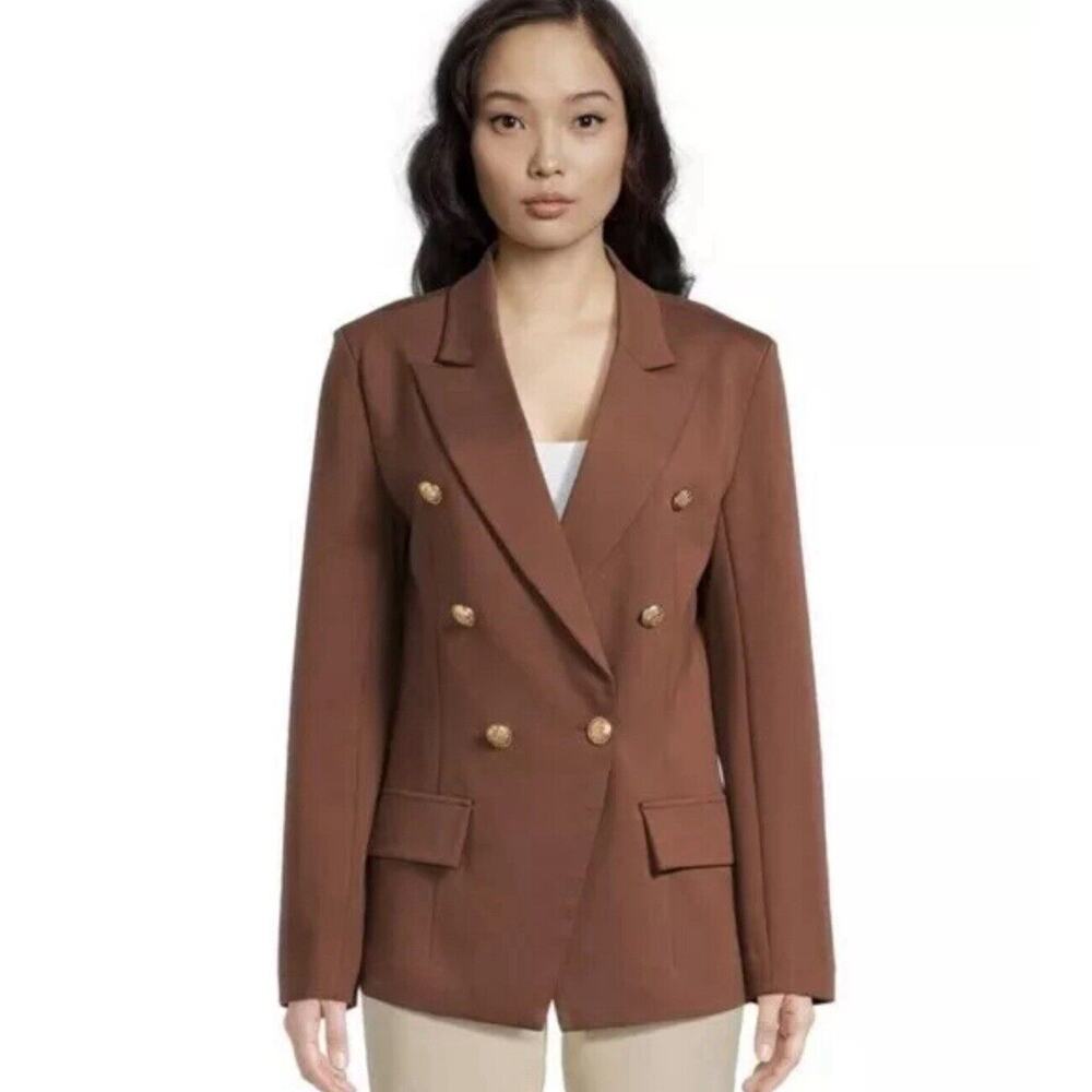 Brown Gold-Tone Double-Breasted Blazer Structured Silhouette
